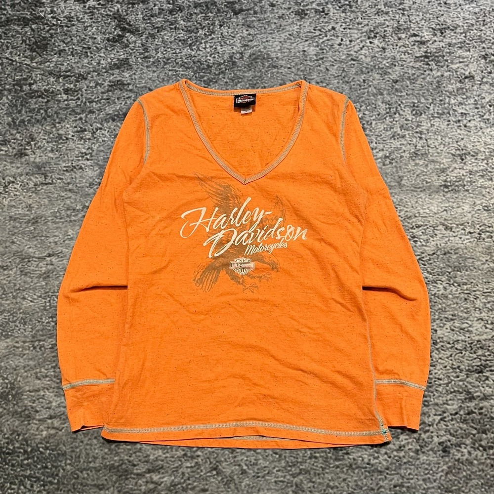 Harley Davidson Shirt Long Sleeve V-Neck Womens Medium Orange Biker Core Graphic